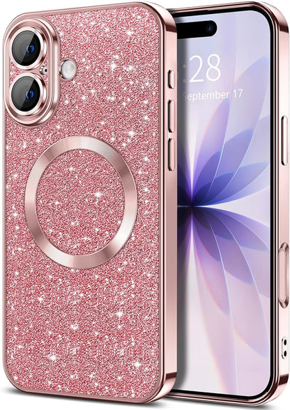 Hython for iPhone 17 Case Glitter Clear Magnetic Phone Cases [Compatible with MagSafe] Full Camera Lens Protector Sparkle Luxury Plating Slim Shockproof Protective Cover Women, Pink