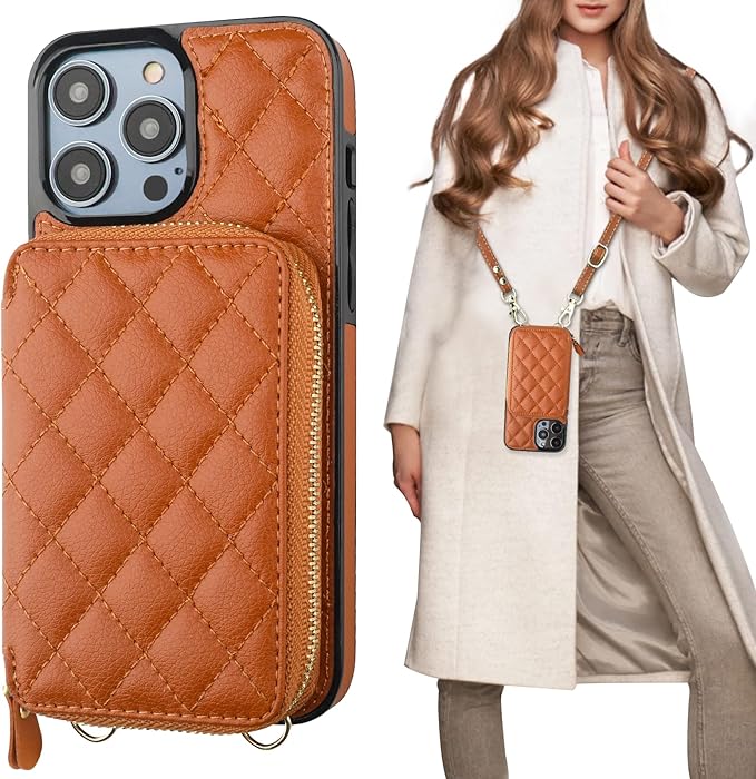 Bocasal Crossbody Wallet Case for iPhone 14 Pro Max, RFID Blocking PU Leather Zipper Handbag Purse Flip Cover, Kickstand Folio Case with Card Slots Holder Wrist Strap Lanyard 5G 6.7 Inch (Brown)