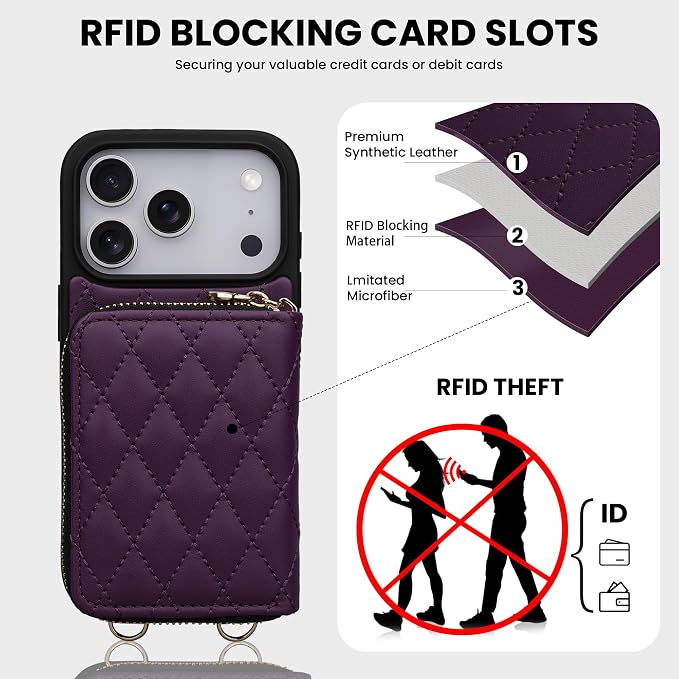 Keallce Case for iPhone 17 Pro 6.3'' Wallet Case, Crossbody Zipper Purse with Wrist Strap Lanyard Handbag, RFID Blocking Card Holders, Kickstand Flip Leather Cover for iPhone 17 Pro, Darkpurple