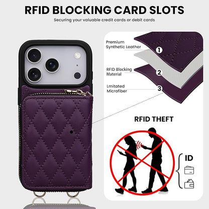 Keallce Case for iPhone 17 Pro 6.3'' Wallet Case, Crossbody Zipper Purse with Wrist Strap Lanyard Handbag, RFID Blocking Card Holders, Kickstand Flip Leather Cover for iPhone 17 Pro, Darkpurple