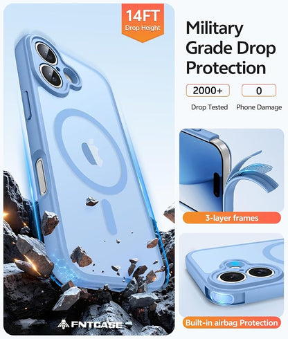 FNTCASE for iPhone 17 Case: [Compatible with Magsafe] Translucent Matte Cases with [Full Camera Protection] [Screen Protector] Military Grade Shockproof Protective Phone Cover - Light Blue