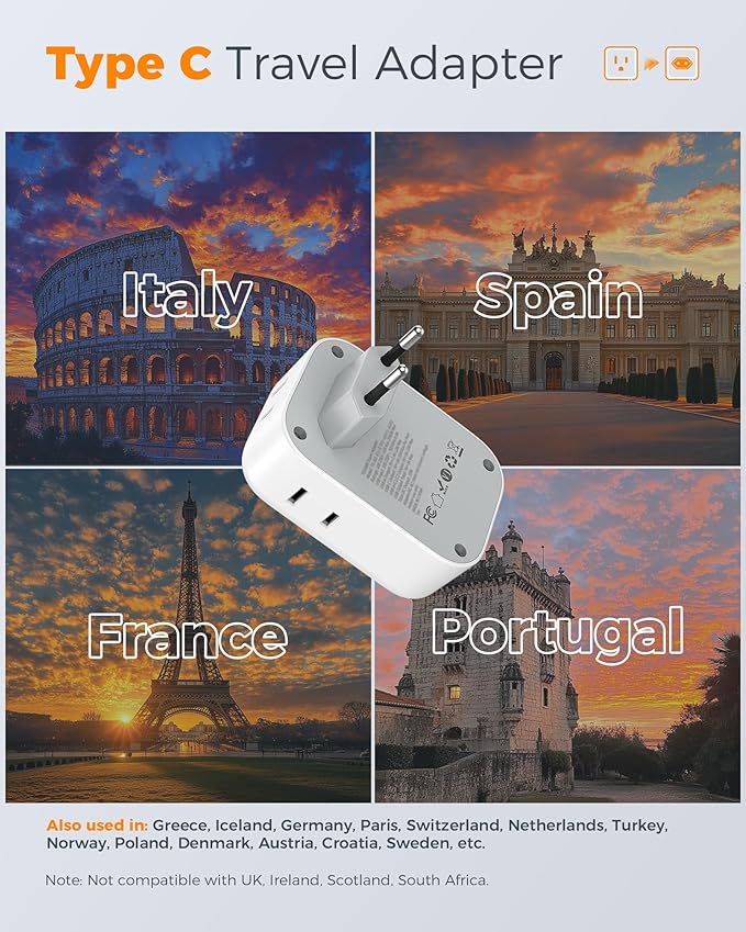 TESSAN European Travel Plug Adapter USB C 3 Pack, PD 20W US to Europe Plug Adapter with 4 AC Outlets 3 USB Ports, Type C Power Adaptor for USA to EU Euro Spain France Iceland Italy Germany Greece