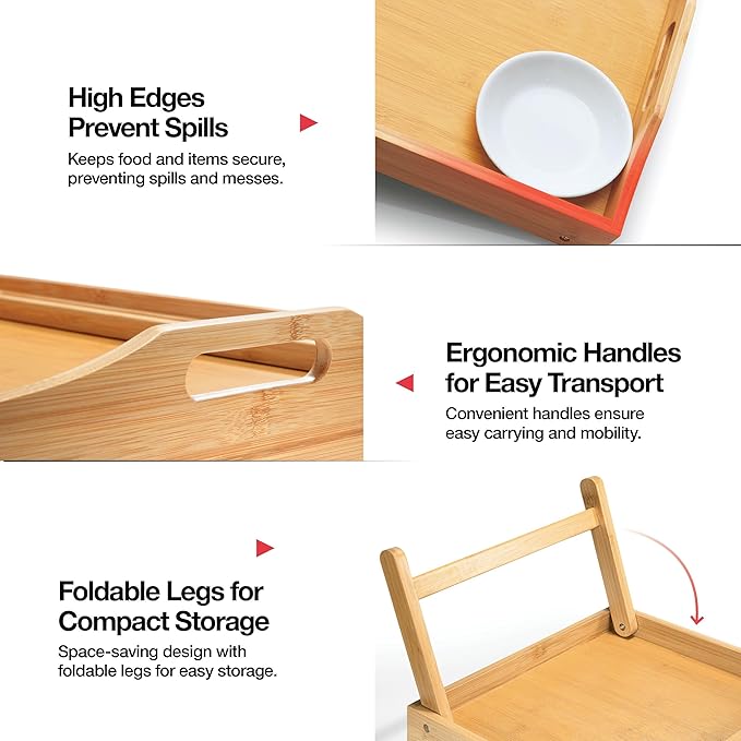 Bed Table Tray with Folding Legs, (2 Pack) Laptop Holder and Handles - Breakfast Tray Bamboo Bed Tray for Eating, Sofa, Bed, Food Trays for Eating on Couch, Snacking and Working