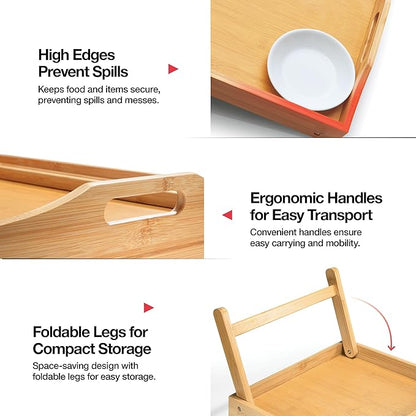Bed Table Tray with Folding Legs, (2 Pack) Laptop Holder and Handles - Breakfast Tray Bamboo Bed Tray for Eating, Sofa, Bed, Food Trays for Eating on Couch, Snacking and Working