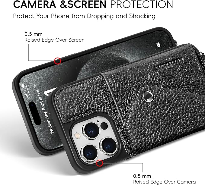LUCKYCOIN for iPhone 15 Pro Crossbody Wallet Case – Genuine Leather Phone Purse with Adjustable Strap and Card Holder,Lanyard Phone Purse Case for Women,Pebble Grain Black
