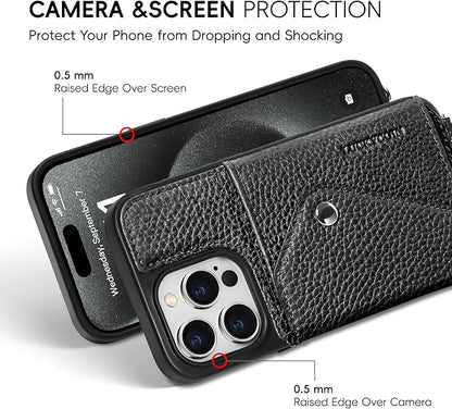 LUCKYCOIN for iPhone 15 Pro Crossbody Wallet Case – Genuine Leather Phone Purse with Adjustable Strap and Card Holder,Lanyard Phone Purse Case for Women,Pebble Grain Black