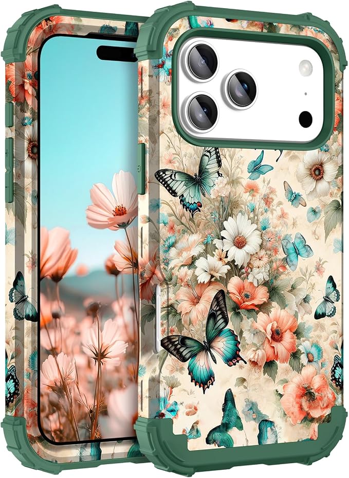 Hocase for iPhone 17 Pro Max Case, Heavy Duty Shockproof Protection Soft Silicone Rubber+Hard Plastic Bumpers Hybrid Protective Case for iPhone 17 Pro Max 2025 - Teal Green Butterflies