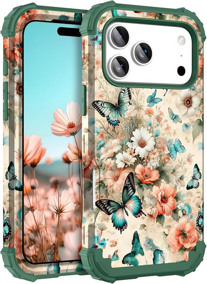 Hocase for iPhone 17 Pro Case 6.3", Heavy Duty Shockproof Protection Soft Silicone Rubber+Hard Plastic Bumpers Hybrid Protective Case for iPhone 17 Pro 2025 - Teal Green Butterflies