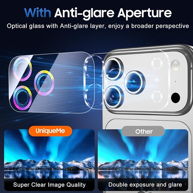 UniqueMe 3 Pack Compatible for iPhone 17 Pro Max Camera Lens Protector - [Drop Protection] [Case Friendly] 9H Tempered Glass Camera Cover Screen [Update New Version] - Colorful