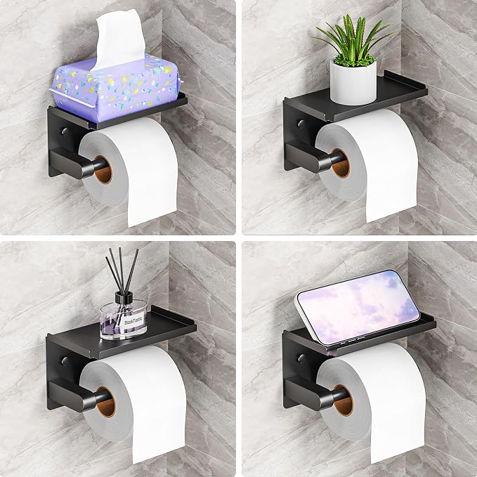 Toilet Paper Holder with Phone Storage Shelf, Matte Black Wall Mount for Bathroom, No Drill Adhesive or Screw Mount, Rustproof Metal, Fits Mega Rolls