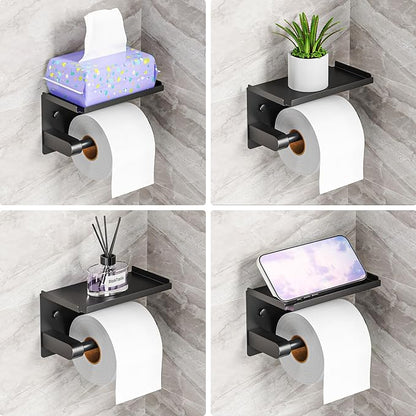 Toilet Paper Holder with Phone Storage Shelf, Matte Black Wall Mount for Bathroom, No Drill Adhesive or Screw Mount, Rustproof Metal, Fits Mega Rolls