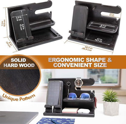 TESLYAR Wood Phone Docking Station for Men - Desk or Nightstand Organizer - Birthday Gifts for Husband, Dad - Anniversary Idea from Wife - Key Holder, Stand Wallet, Watch & Essentials (Granite Black)