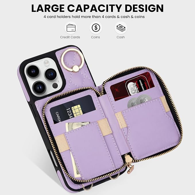 Keallce Wallet Case for iPhone 16 Pro Max 6.9'', Crossbody Zipper Purse with Wristlet for Women, RFID Blocking Card Holders, 360° Ring Kickstand Flip Leather Case for iPhone 16 Pro Max, Purple