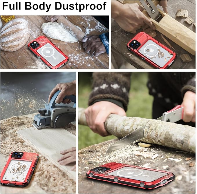 WIFORT for iPhone 14 Plus Waterproof Case - Built-in [Screen Protector][IP68 Water Proof][14FT Military Grade Shockproof], Rugged Metal Full Body Aluminum Protective Drop Protection Cover, 6.7" Red