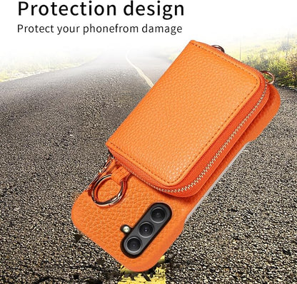 Wallet Case for Samsung Galaxy A56 5G with Shoulder Strap Ring Buckle, Luxury PU Leather Zipper Flip Organ Purse, Credit Card Holder Stand Full Body Cell Phone Cover for A 56 56A LTE Orange