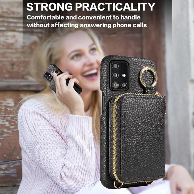 Wallet Case for Samsung Galaxy A51 5G/A 51 5G UW Verizon & Shoulder Strap Ring Buckle PU Leather Zipper Flip Organ Purse Credit Card Holder Stand Full Body Cell Phone Cover for 51A G5 S51 Black