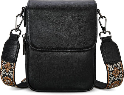 HESHE Leather Small Crossbody Bags for Women RFID Blocking Cell Phone Purse Anti-Theft Travel Bag with wide Straps