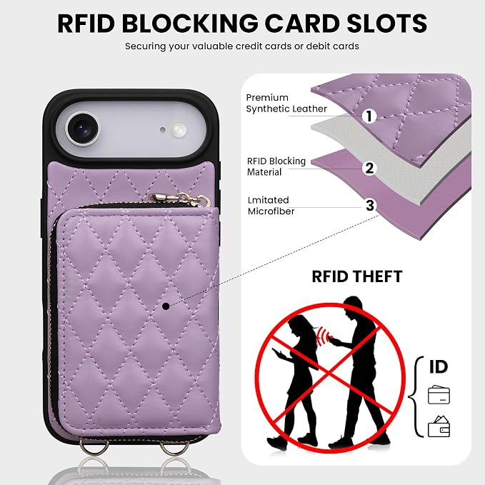 Keallce Case for iPhone Air 6.5'' Wallet Case, Crossbody Zipper Purse with Wrist Strap Lanyard Handbag, RFID Blocking Card Holders, Kickstand Flip Leather Cover for iPhone 17 Air, Purple