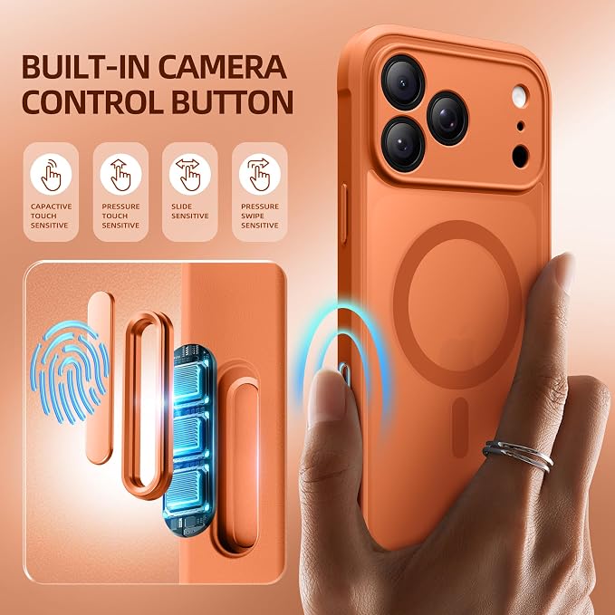 BERFY for iPhone 17 Pro Max Case, Compatible with MagSafe, Built-in Glass Screen Protector, Camera Protection, Shockproof Full Body Phone case 6.9", Translucent Cosmic Orange