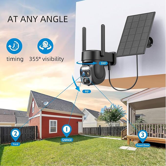 Hawkray Pannel Solar Wireless Outdoor Security Camera， Dual-Lens, 10xZoom, 2K Resolution 3MP 360°Pan/Tilt，2.4&5G WiFi Battery Powered Camera with Spotlight Alarm PIR Motion Detection