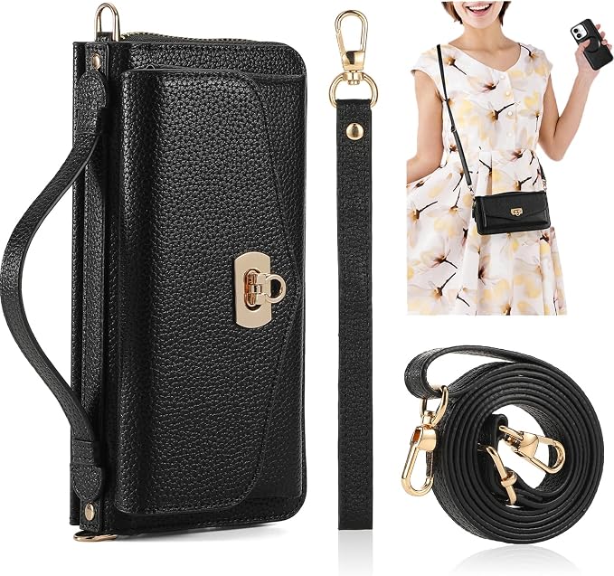 Crossbody Wallet Case for iPhone 16 6.1", Magnetic Detachable PU Leather Phone Case with RFID Blocking Card Holder Wristlet Mirror Flip Zipper Shoulder Purse Clutch for Women - Black B