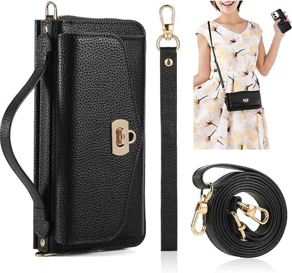 Crossbody Wallet Case for iPhone 16 6.1", Magnetic Detachable PU Leather Phone Case with RFID Blocking Card Holder Wristlet Mirror Flip Zipper Shoulder Purse Clutch for Women - Black B
