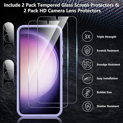 SPIDERCASE Designed for Samsung Galaxy S23 Case, [10 FT Military Grade Drop Protection], 2 Pack [Tempered Glass Screen Protector+Camera Lens Protector] Heavy Duty Shockproof Case, Light Purple
