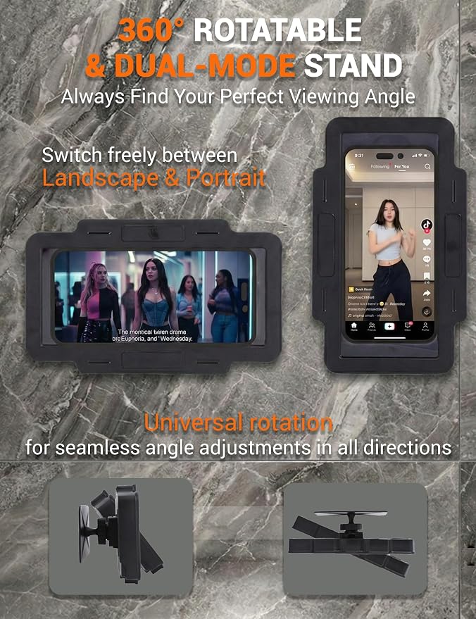 Shower Phone Holder Waterproof 360° Adjustable Rotating, Anti-Fog Touch Screen Wall Mount Phone Stand for Bathroom Mirror Bathtub Kitchen, Fits iPhone 17 16 15 Pro Max for 4-7" Cellphones Black