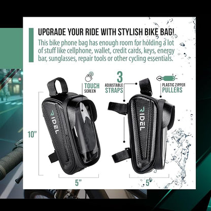 Ridel Bike Phone Holder Bag with Sensitive Touch - Upto 6.8" Waterproof Front Frame Phone Holder for Bike - Bike Bag with 3 Adjustable Straps & Headphone Hole