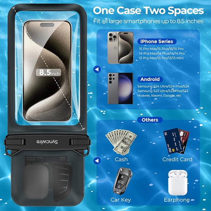 SYNCWIRE Waterproof Phone Case, 2-Pack IPX8 Double Space Waterproof Phone Pouch for iPhone 15 14 13 12 Pro Max XR X SE 2022 8 Samsung S24 S23 S22 Ultra S21 Phones Under 8.5 Inch - Black