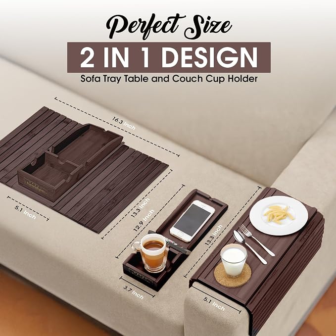 Couch Cup Holder Tray with 2 Cork Coasters, Couch Caddy, Anti-Slip Foldable Armrest Sofa Tray, Couch Armrest Table, Anti-Spill Holder for Remote, Snacks, Cellphone - Ideal Gift (Walnut)