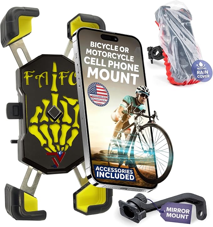 Terminal Velocity Sport - Motorcycle Phone Mount - Bike Cell Phone Holder - Bike Phone Mount, for iPhone & Android - Fits Harley Davidson, eBike, ATV, Bicycle - Incl. Mirror & Rain-Cover. (Yellow)