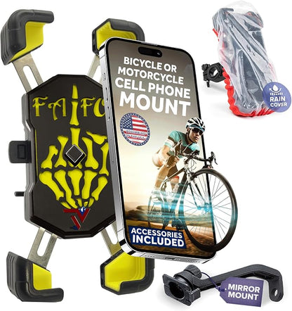 Terminal Velocity Sport - Motorcycle Phone Mount - Bike Cell Phone Holder - Bike Phone Mount, for iPhone & Android - Fits Harley Davidson, eBike, ATV, Bicycle - Incl. Mirror & Rain-Cover. (Yellow)
