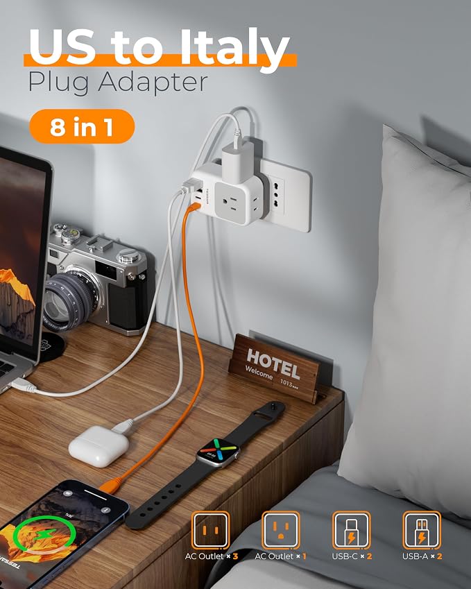 TESSAN Italy Travel Plug Adapter 2 Pack, PD 20W Italy Power Adapter with 4 AC Outlets 4 USB Ports (2 USB C), Type L Adaptor for US to Italian Chile Rome Milan Libya Uruguay