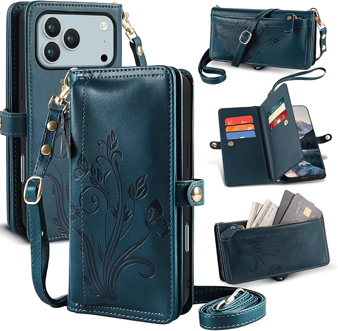 Lacass for iPhone 17 Pro Max Case Wallet,[Cards Theft Scan Protection] Card Holder Zipper Leather Flip Cover Crossbody Wrist Strap with Stand (Floral Cyan Green)
