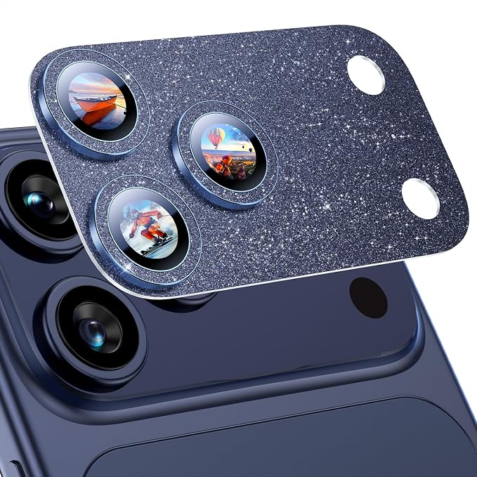 Uyiton for iPhone 17-Pro-Max Camera-Lens Protector: Bling [Not Easy to Break][Strong Adsorption][Case-Friendly] Metal Tempered Glass Rear Camera Screen Cover - Glitter Blue