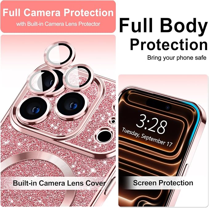Hython for iPhone 17 Pro Max Case Glitter Clear Magnetic Phone Cases [Compatible with MagSafe] Full Camera Lens Protector Sparkle Luxury Plating Slim Shockproof Protective Cover Women, Pink