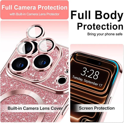 Hython for iPhone 17 Pro Max Case Glitter Clear Magnetic Phone Cases [Compatible with MagSafe] Full Camera Lens Protector Sparkle Luxury Plating Slim Shockproof Protective Cover Women, Pink