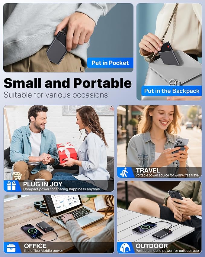 Aaoyun 10000mAh Portable Power Bank, 22.5W PD Fast Charging Battery Pack with Built-in USB-C Cable, Ultra-Slim External Phone Charger for iPhone 17/16/15, Samsung Galaxy S24, Android (Grey)