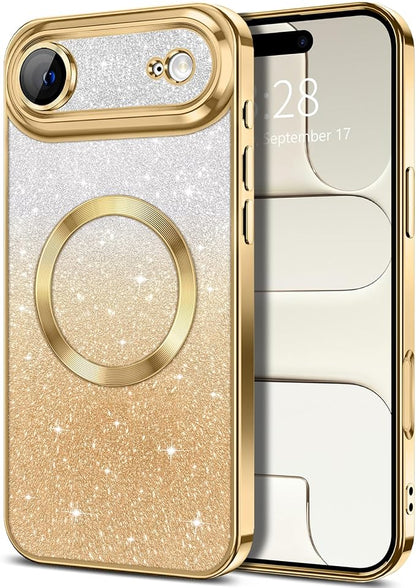 Hython for iPhone Air Case Glitter Clear Magnetic Phone Cases [Compatible with MagSafe] Full Camera Lens Protector Sparkle Luxury Plating Slim Shockproof Protective Cover Women, Gradient Gold