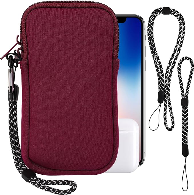 Pwsap Phone Sock,Universal Shock Impact Resistant Large Neoprene Phone Pouch Bag with Carabiner and Lanyard Strap Sleeve Case for Hiking Travelling Fits Phones up to 7.5 Inches,Wine Red,L