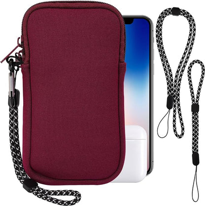 Pwsap Phone Sock,Universal Shock Impact Resistant Large Neoprene Phone Pouch Bag with Carabiner and Lanyard Strap Sleeve Case for Hiking Travelling Fits Phones up to 7.5 Inches,Wine Red,L