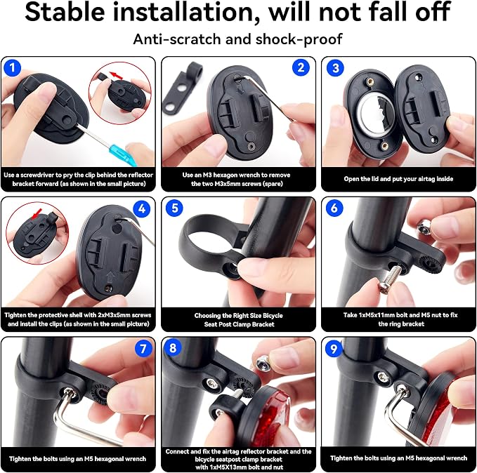 DDJ Upgraded for Apple AirTag & Moto Tag Bike Mount, Hidden Bike Reflectors for AirTag Holder, Waterproof Anti-Theft GPS Tracker Case with Screws & Tools, for Mountain Bikes/Scooter/Electric Bicycle