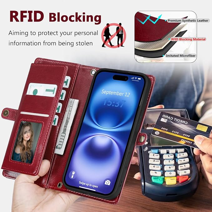 Wallet Case for iPhone 16 with Card Holder/Crossbody Wallet/Strap| RFID Blocking | Magnetic | Kickstand | Detachable | PU Leather Phone Case for iPhone 16,6.1 in,Wine Red