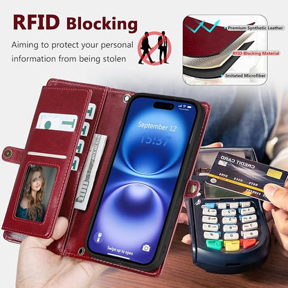 Wallet Case for iPhone 16 with Card Holder/Crossbody Wallet/Strap| RFID Blocking | Magnetic | Kickstand | Detachable | PU Leather Phone Case for iPhone 16,6.1 in,Wine Red