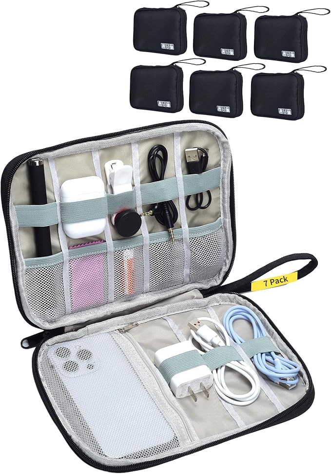Travel Cable Organizer Pouch Electronic Accessories Carry Case | 7 Pack Electronics Travel Organizer Tech Storage Bag for Cords, Chargers, Power Bank, SD Card, Phone, Earphone Black