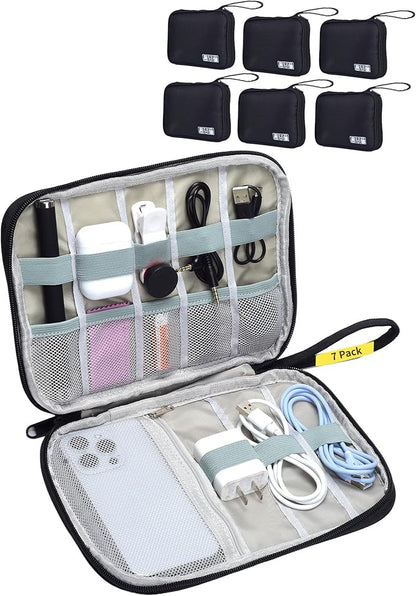 Travel Cable Organizer Pouch Electronic Accessories Carry Case | 7 Pack Electronics Travel Organizer Tech Storage Bag for Cords, Chargers, Power Bank, SD Card, Phone, Earphone Black