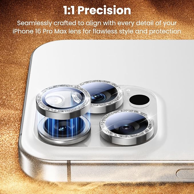 Uyiton for Bling iPhone 16 Pro Max / 16 Pro / 14 Pro Max / 14 Pro Camera Lens Protector - Not Easy to Break Strong Adsorption Individual Metal Tempered Glass Rear Camera Screen Cover - Glitter Silver