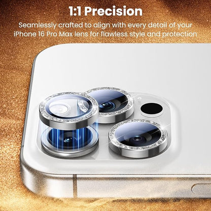 Uyiton for Bling iPhone 16 Pro Max / 16 Pro / 14 Pro Max / 14 Pro Camera Lens Protector - Not Easy to Break Strong Adsorption Individual Metal Tempered Glass Rear Camera Screen Cover - Glitter Silver