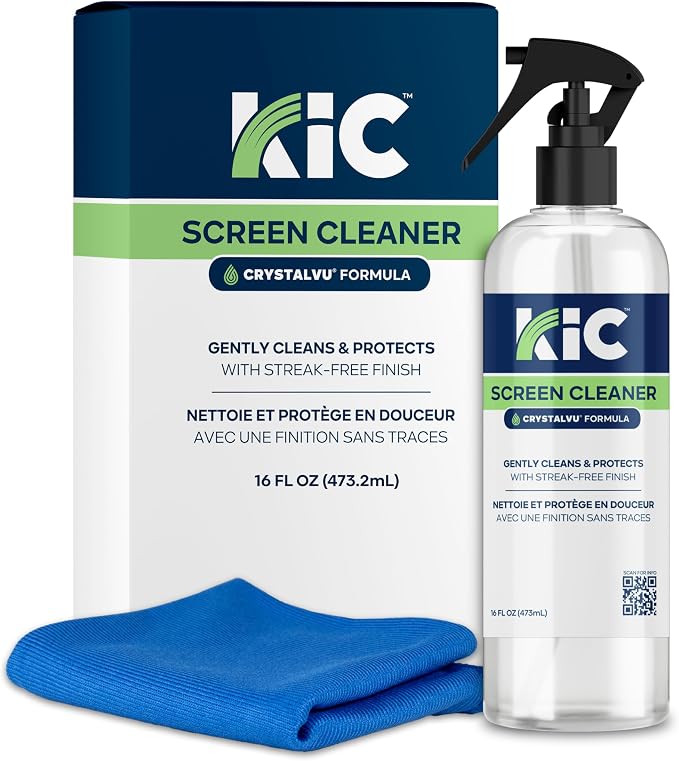 KICTeam – CrystalVu® Screen Cleaner Spray Kit with Microfiber Cloth – Streak-Free Cleaner for TV, Phone, Laptop, Monitor & Tablet Screens (16oz)